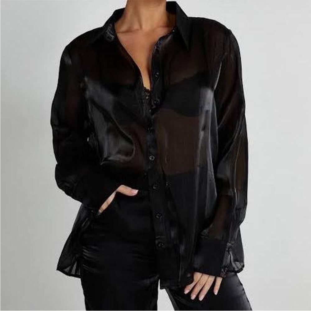 Meshki Black Sheer Button Up Blouse